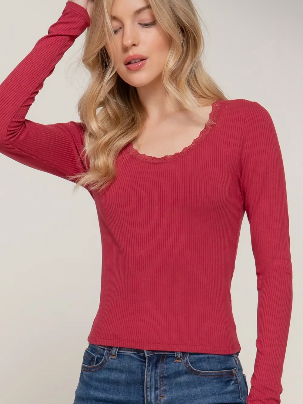 A567 Ribbed Lace-Trim Long Sleeve Top - Red